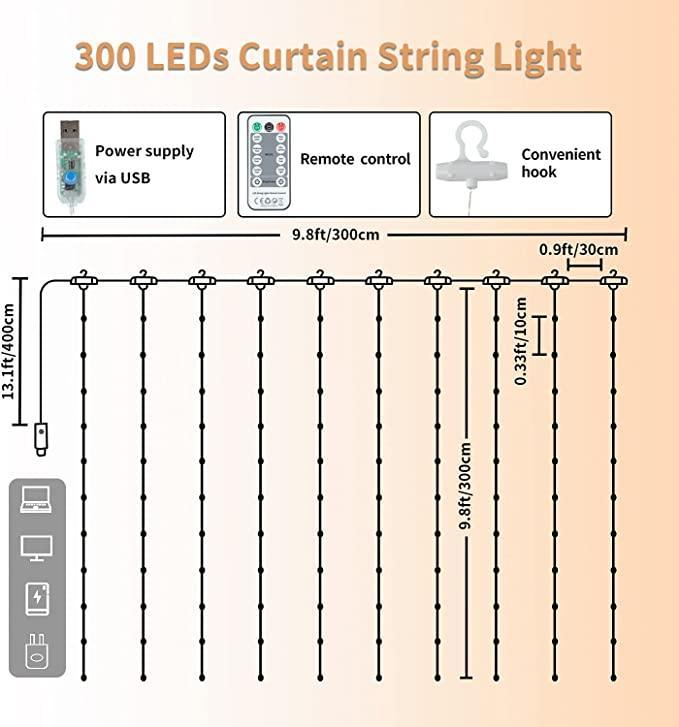 300 LED girlianda užuolaida 3x3 su pulteliu ir tvirtinimo kabliukais