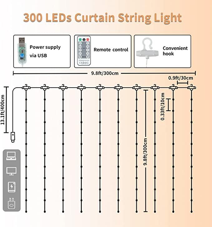 300 LED girlianda užuolaida 3x3 su pulteliu ir tvirtinimo kabliukais -  šiltos spalvos - Piki